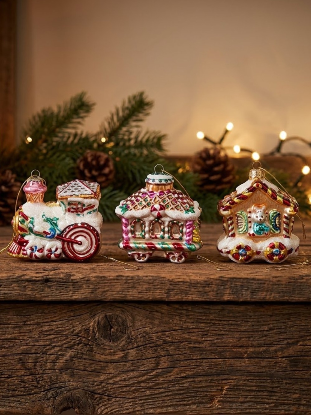 Fitz and Floyd quality hand-blown glass ornaments
Candyland train